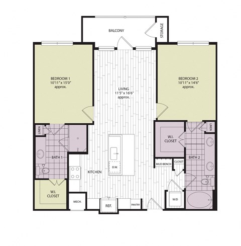 Floor plan for 2 beds, 2 baths, 1257 sqft